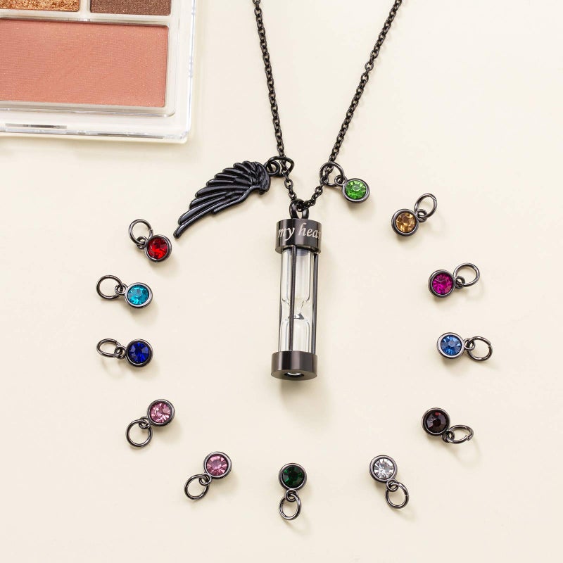 PREKIAR Cremation Urn Necklace for Ashes Time Hourglass Memory Jewelry Pendant Keepsake with Angel Wing and 12 Birthstones Forever In My Heart (Black hourglass) - Image 5